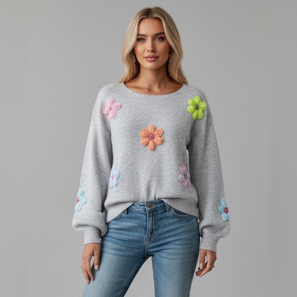 Sweaters - Floral Decor Round Neck Long Sleeve Sweater Grey